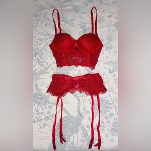 Victoria’s Secret Dream Angels Red Lace Bustier and Garter Set